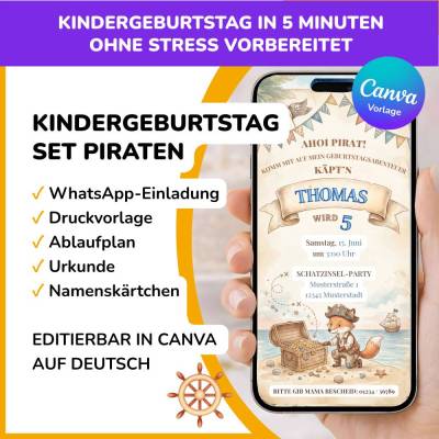 Kindergeburtstag Einladungskarte Pirat Junge | Fuchs Pirat | Canva Vorlage editierbar, WhatsApp, Druck, Urkunde, Namensk