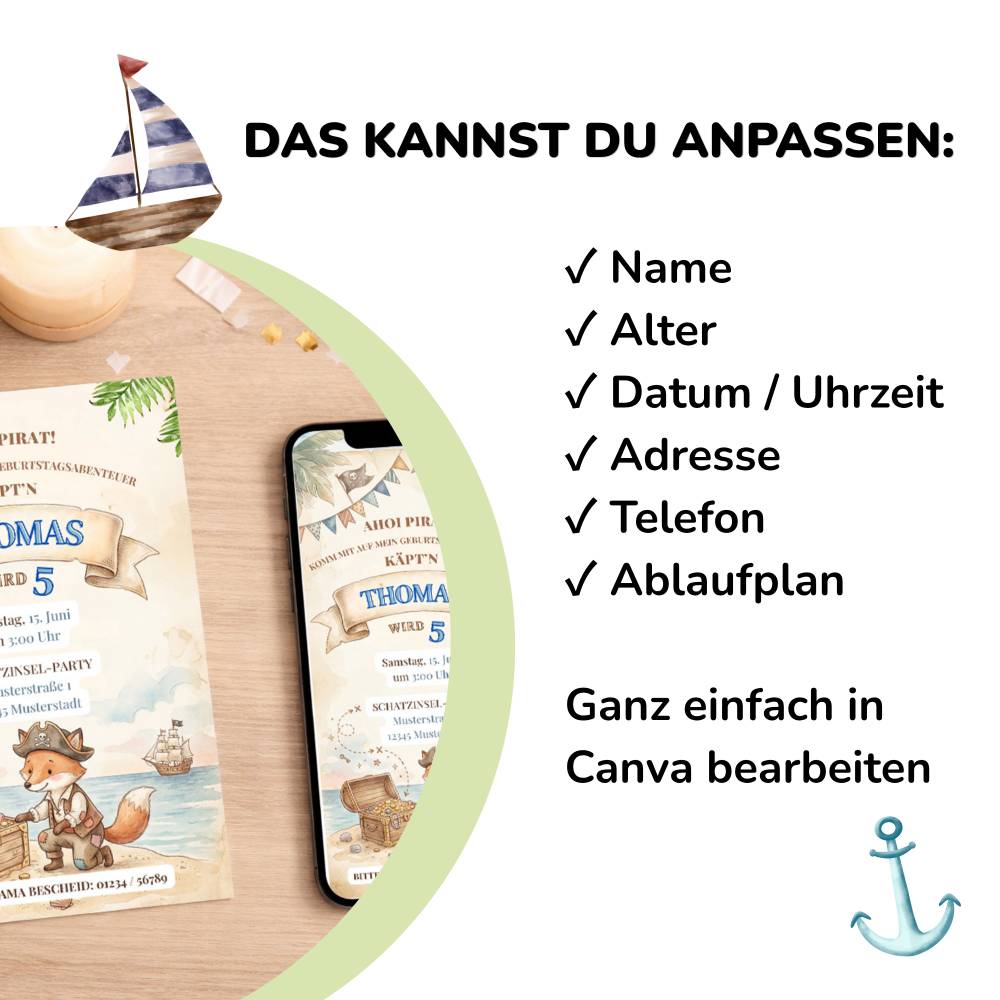 Kindergeburtstag Einladungskarte Pirat Junge | Fuchs Pirat | Canva Vorlage editierbar, WhatsApp, Druck, Urkunde, Namensk Bild 10