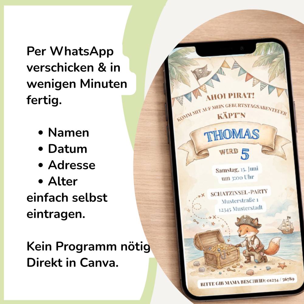 Kindergeburtstag Einladungskarte Pirat Junge | Fuchs Pirat | Canva Vorlage editierbar, WhatsApp, Druck, Urkunde, Namensk Bild 2
