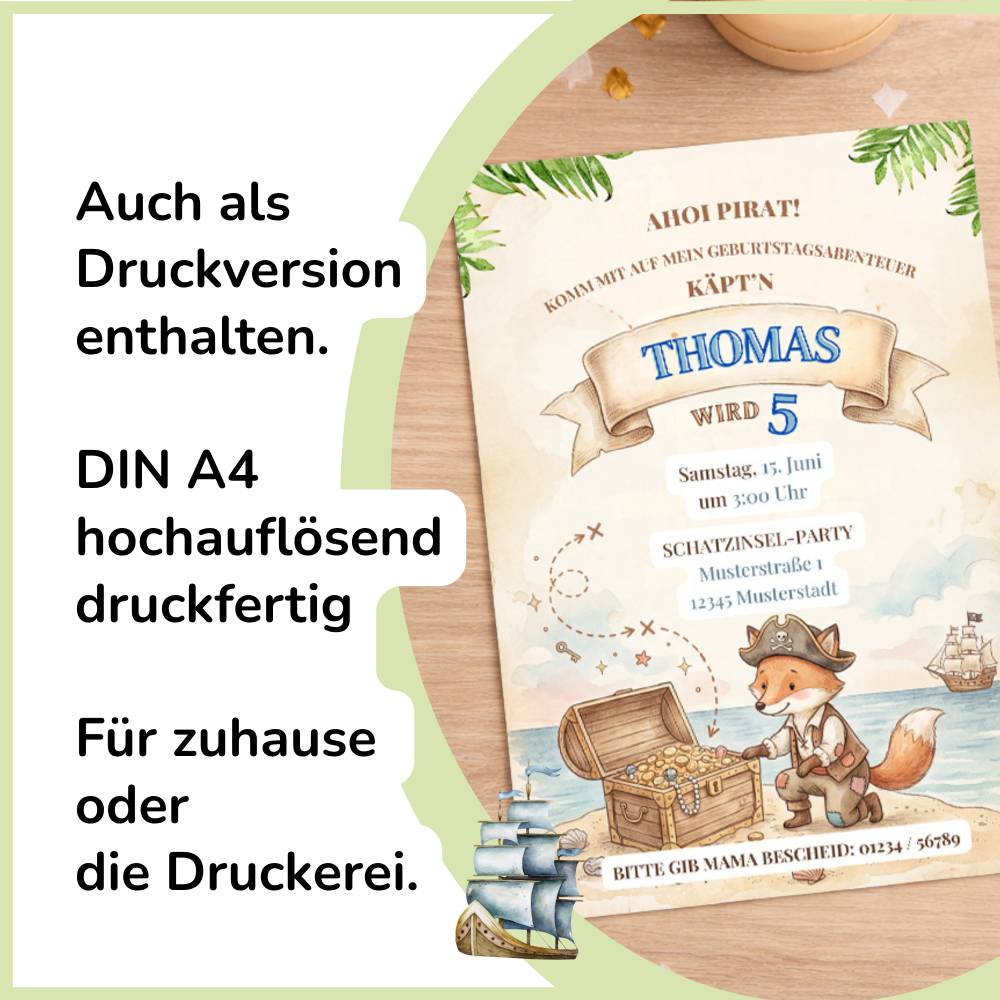 Kindergeburtstag Einladungskarte Pirat Junge | Fuchs Pirat | Canva Vorlage editierbar, WhatsApp, Druck, Urkunde, Namensk Bild 3