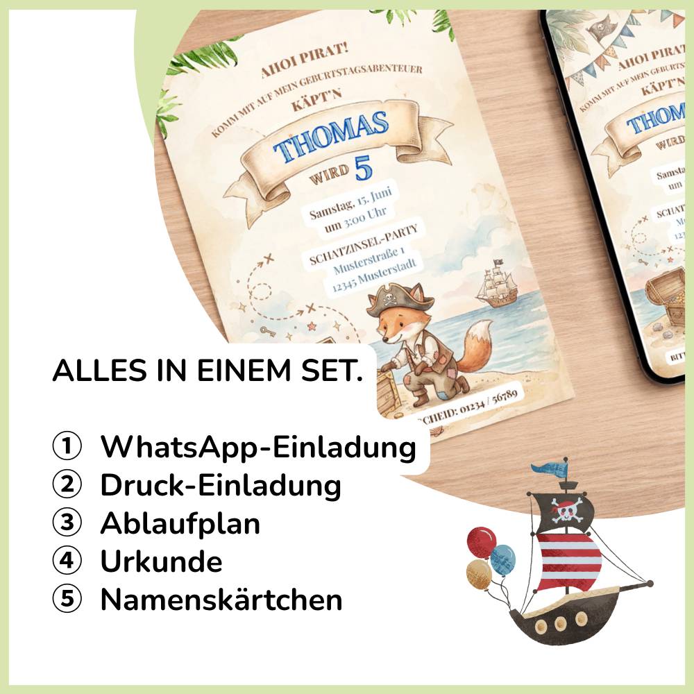 Kindergeburtstag Einladungskarte Pirat Junge | Fuchs Pirat | Canva Vorlage editierbar, WhatsApp, Druck, Urkunde, Namensk Bild 4