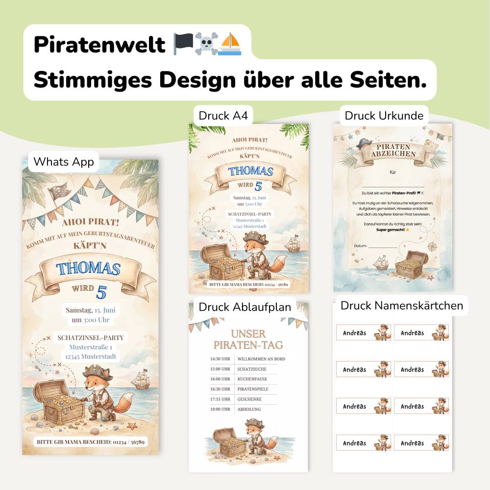 Kindergeburtstag Einladungskarte Pirat Junge | Fuchs Pirat | Canva Vorlage editierbar, WhatsApp, Druck, Urkunde, Namensk Bild 9