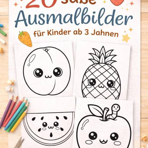 Kawaii Ausmalbilder Kinder PDF – 20 süße Obst & Gemüse Motive zum Ausdrucken ab 3 Jahre