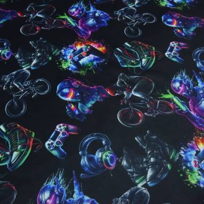 Stoff Sweatshirtstoff Alpenfleece Abseite Gamer Gamepad Biker BMX Kopfhörer Sneaker schwarz multicolor bunt Kleiderstoff