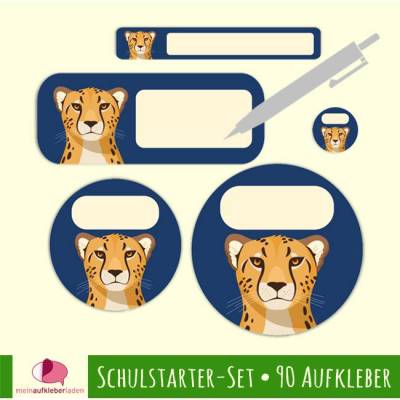 Schulstarter-Set Gepard - blau – 90-teilige wasserfeste Schulaufkleber zum Selbstbeschriften
