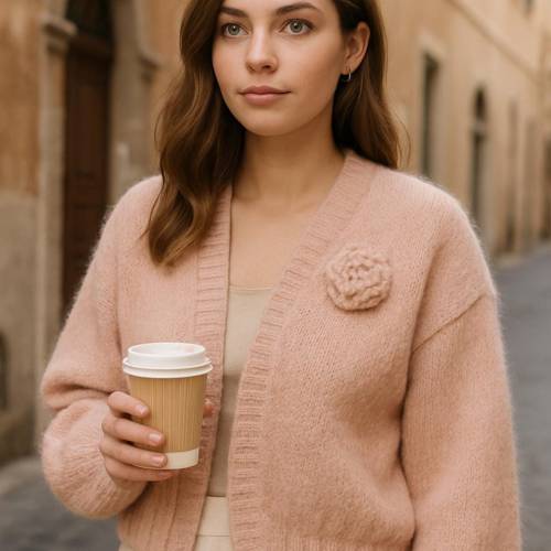 Cardigan,rosasand,Strickjacke Oversize, Grobstrickjacke,Onesize,Damen!Wolle,Jacke Sweater!Brosche,Blume,Häkelblume,Alpak