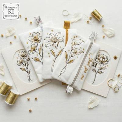 Stickdateien eleganzFlower: 18 Blumenmotive & ITH-Täschchen ab 10x10 cm – feine Linienstickerei mit Goldakzenten