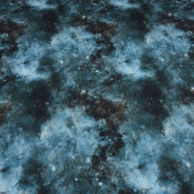 Stoff Baumwolle Sweatshirtstoff mit Galaxy Weltraum All Space Sterne Design blau cyan schwarz bunt Kleiderstoff