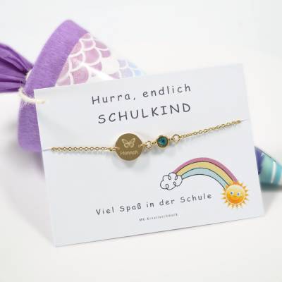 Schulkind Armband personalisierbar – Geschenk zur Einschulung – Glücksbringer für Kinder – Mutmacher – Geburtsstein