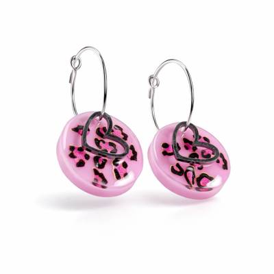 Creolen 925 Silber 16 mm mit rosa Leo Harz-Anhänger (2 cm) | Edelstahl Herz | Länge ca. 3,5 cm