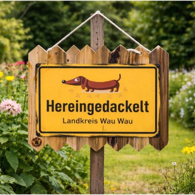 Dackel Schild lustig – Hereingedackelt Blechschild auf Altholz | Türschild Hund, Haustür Deko, Geschenk Dackelfans