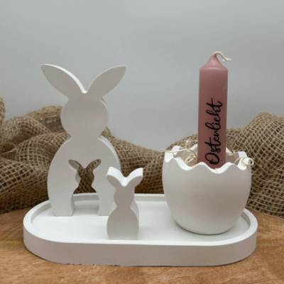Osterdeko Set mit Hasenfigur & Ei Kerzenhalter aus Keramikpulver – moderne Tischdeko Ostern