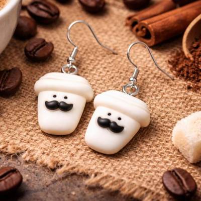 Kaffeebecher Schnurrbart Ohrhaken 925 – Kawaii Schmuck aus Resin