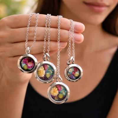 Edelstahl Medaillonkette mit echten Blumen – Kette mit Glasmedaillon, verschiedene Längen