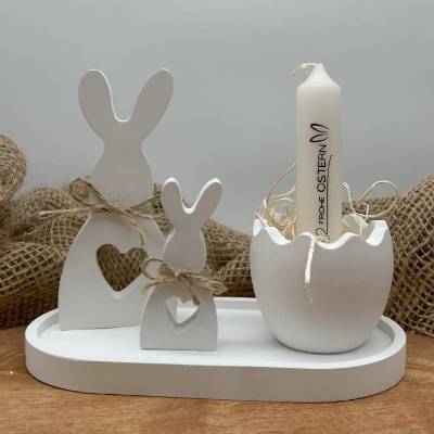Osterdeko Set mit Herz Hasen & Ei Kerzenhalter aus Keramikpulver – moderne Tischdeko Ostern