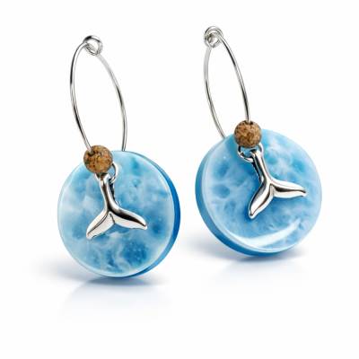 Walflosse Ohrringe Hellblau Resin – Handgefertigte Creolen 925 Silber mit Jaspis Perle – Ocean Boho
