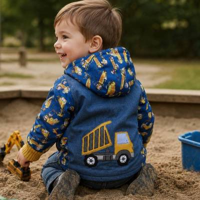 Softshelljacke Gr. 104 mit Muldenkipper und Baustellen-Stickerei – ungefüttert & winddicht