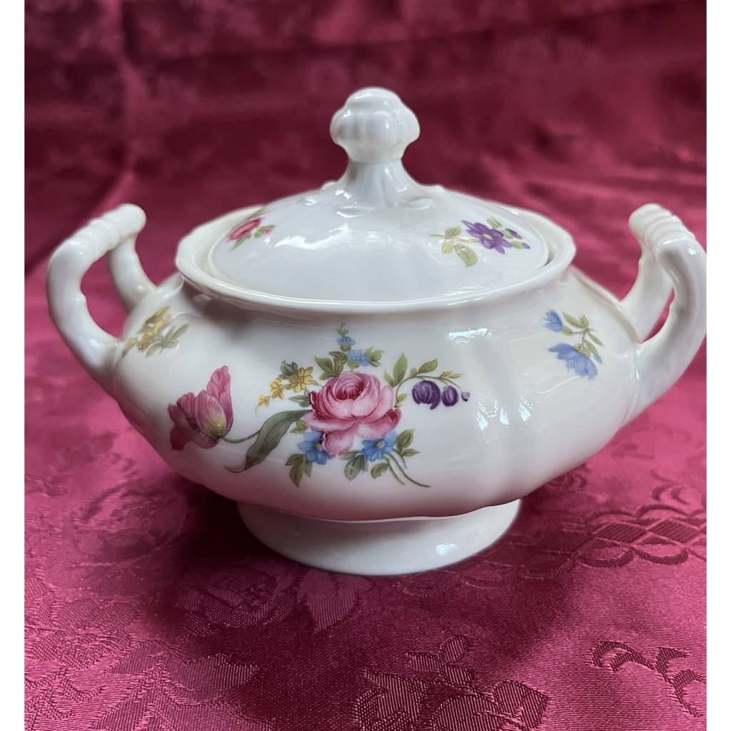 Vintage Zuckerdose aus weißem Porzellan mit Rosen Vermutlich 1980er Jahre