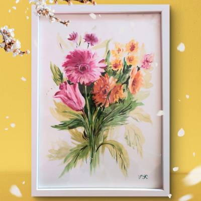 21x30 cm(А4) - Handgemaltes Aquarellgemälde im Rahmen - Blumenstrauß - Rosa - Gelb - Orange - Unikat-Viktoriia Katerusha