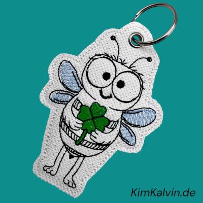 Schlüsselanhänger Biene mit Kleeblatt / Gestickt / Taschenbaumler / Stickerei / Besondere Geschenkidee