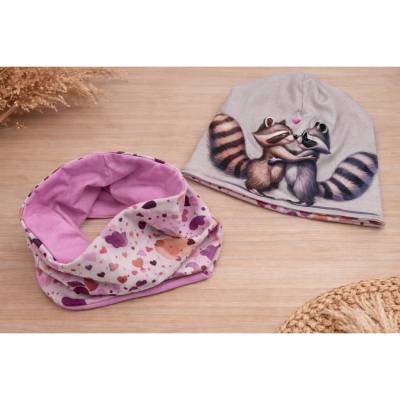 Kinder Beanie & Loop Set –Waschbär – Bunte Mütze mit Halsschal – Handgemacht Gr. 47/54