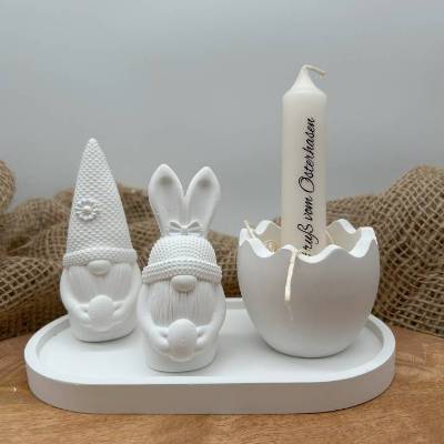 Osterdeko Set mit Wichtel & Hasen Wichtel aus Keramikpulver – Ei Kerzenhalter Tischdeko