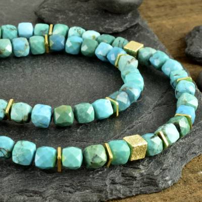 Würfel-Kette mit Türkis, vergoldetes 925er Silber - natürlicher Türkis facettiert edle Edelsteinkette, Geschenk