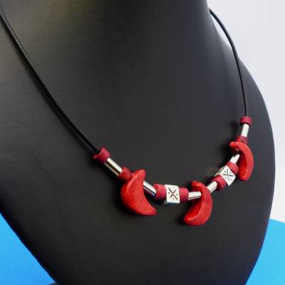 Halskette, Monde, rot, silber, schwarz, Keramikperlen, Lederkette, Collier, Halskette, Handarbeit