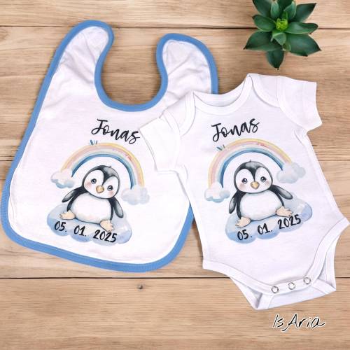Personalisiertes Baby Geschenkset – Body & Lätzchen mit Namen / Geburtsdatum | Pinguin Watercolor