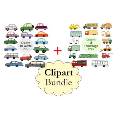 Clipart-Bundle: 30 bunte Autos & Fahrzeuge im Doodle-Stil als PNG