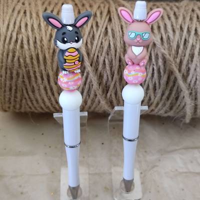 Kawaii Perlenstift Set – 2 Osterhasen Kugelschreiber – handgemacht – Pastell – Geschenkidee