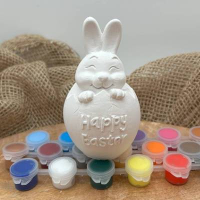 DIY Hase im Ei „Happy Easter“ zum Bemalen mit 18 Farben & Pinsel – Oster Bastelset Keramik