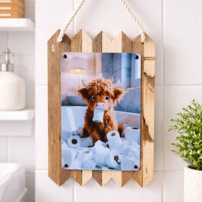 Lustiges Highland Kuh Blechschild – WC Badezimmer Deko – Witzige Wanddeko mit Klopapier – Geschenk für Tierliebhaber – A