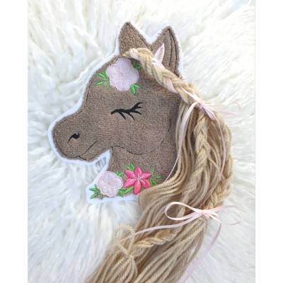Applikation Auufnäher Pferd Pferdekopf mit Wollmähne rosa Pony Mädchen Schultüte Pferdeschultüte