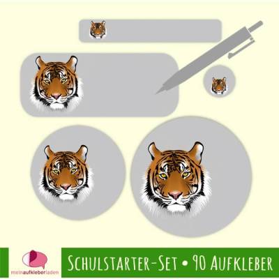 Schulstarter-Set Tiger grau – 90 wasserfeste Namensaufkleber zum Selbstbeschriften für Kinder