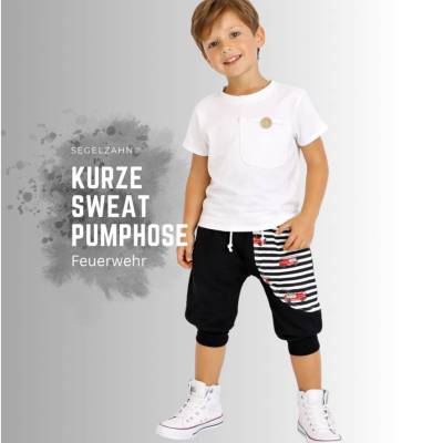 kurze Hose Kinder, Sweat Pumphose Unisex Feuerwehr Schwarz, Sommerhose Junge Mädchen Kinderhosen Sweatshorts Segelzahn 