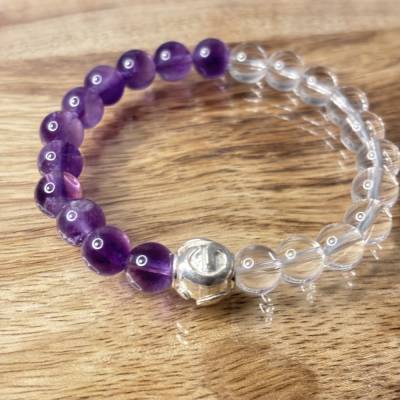 Handgefertigtes Armband aus Amethyst & Bergkristall mit 925-Silber-Element, elastisch, 18 cm