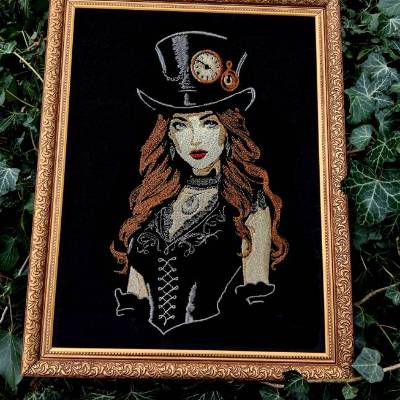 Steampunk Lady Stickdatei 12-14x18cm – Lichteffekt, viktorianisch, für schwarze Stoffe