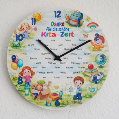 Personalisierte Wanduhr Abschiedsgeschenk Kita für Erzieherin Geschenk Kindergarten Kindernamen Regenbogenmotiv Uhr