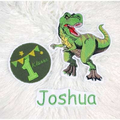 Applikation/Aufnäher/Bügelbild Schultüte Set/ T-Rex, erste Klasse Button und Name, 3-teilig/ Patch Dinosaurier Dino