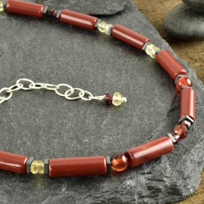 Halskette mit rotem Jaspis, Granat, Citrin, Karneol, Hämatit, rote Edelsteinkette, Geschenk Freundin, Kette mit Röhrchen