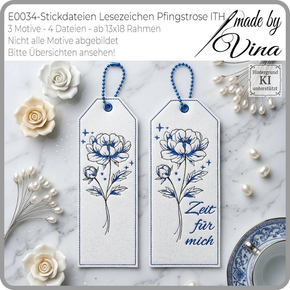 ITH Lesezeichen Pfingstrose Stickdateien – 3 Motive, 4 Dateien ab 13x18 Rahmen Bild 2