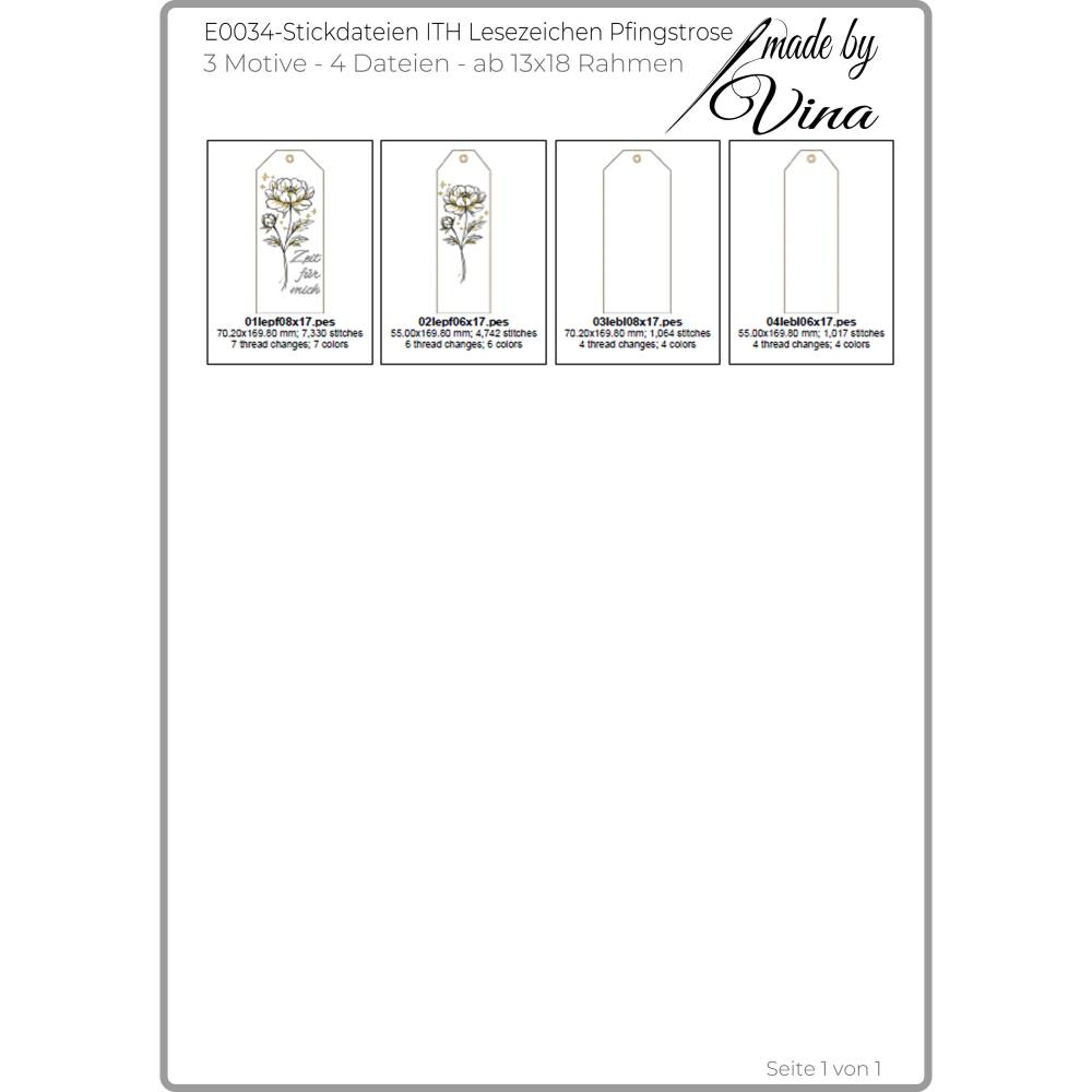 ITH Lesezeichen Pfingstrose Stickdateien – 3 Motive, 4 Dateien ab 13x18 Rahmen Bild 3