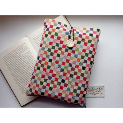 Buchtasche Buchhülle aus Gobelin Stoff, buntes genähtes Etui, Tablett Hülle