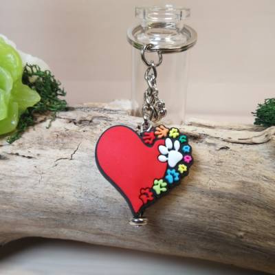 Herz Schlüsselanhänger aus Silikon – Personalisierbares Geschenk mit Pfote & Blumen