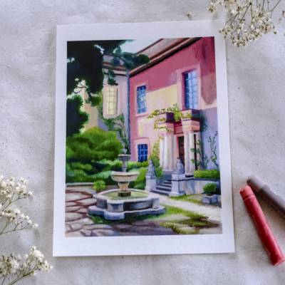  Rosa Haus im Morgenlicht – Ölpastell Giclée Kunstdruck auf Hahnemühle Bamboo | Wandbild mit Brunnen | A5 A4 A3