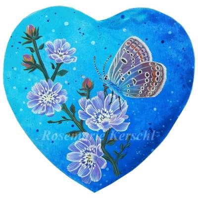 Wegwarte & Schmetterling Herzform Acrylbild handgemalt Unikat 29 x 28 cm auf Leinwand