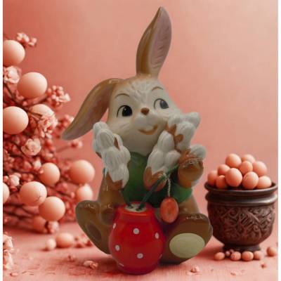 Goebel Hase mit Weidenkätzchen in Vase – Bunte Osterdeko, Höhe 10 cm, selten