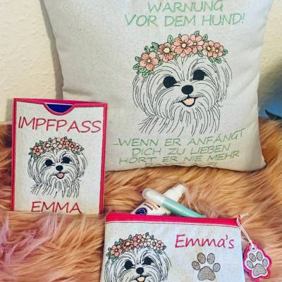 Stickdatei Hund Malteser Havaneser Set 970 – 4 Größen, Line-Art mit Blumen, für Stickmaschine