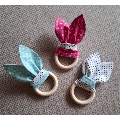 Baby Geschenk, Greifring, Ohren, Naturholz, Baumwolle, mint, rosa, pink, weiß, hellblau